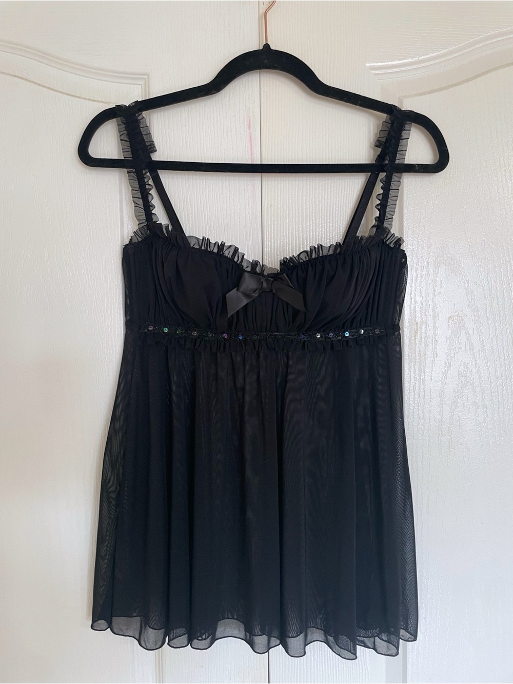 Vintage Y2K Frederick's of Hollywood Black Sheer Mesh Babydoll Top L